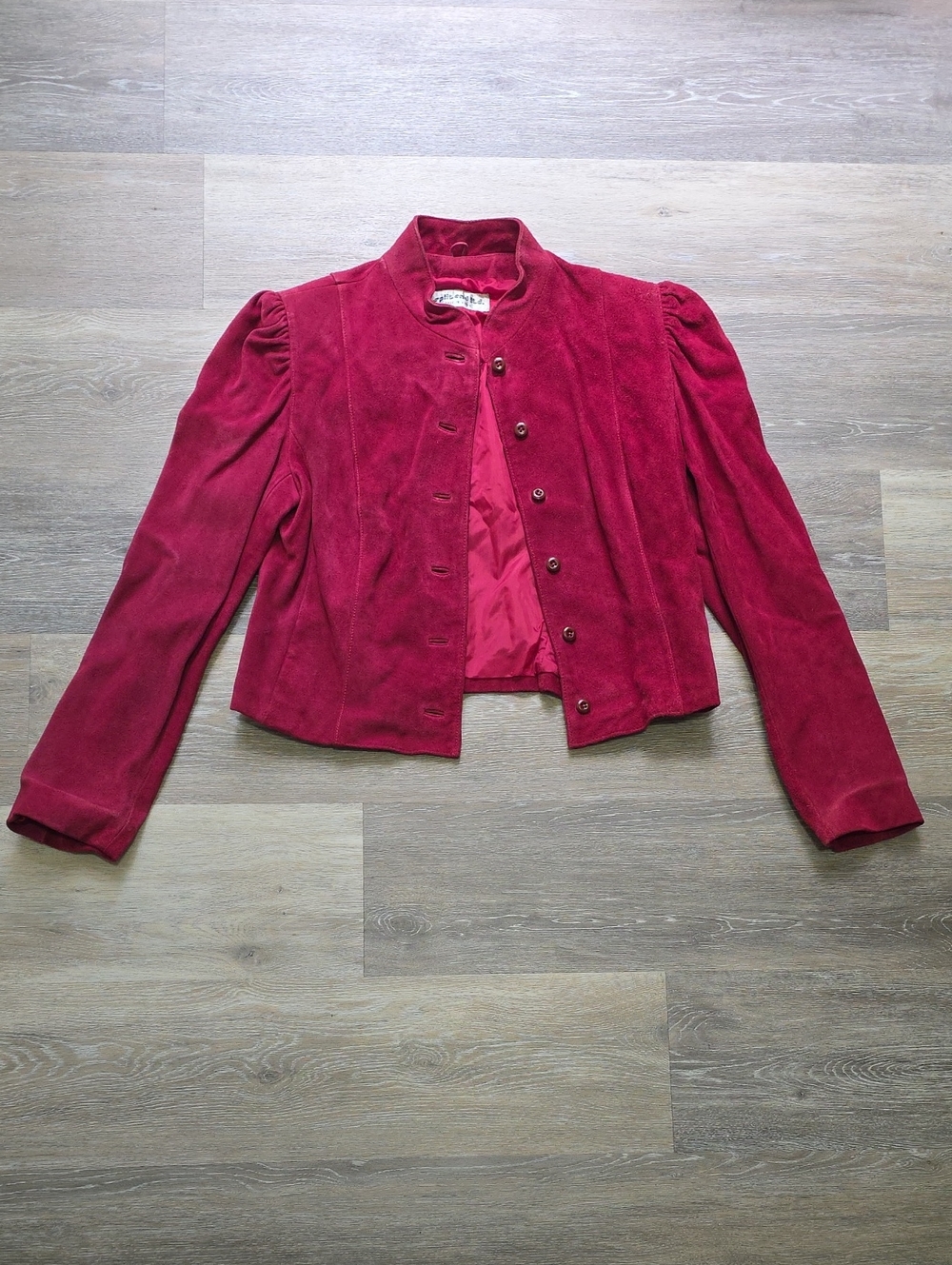 VNTG Split End Pink Suede Cropped Jacket 80s Puff Sleeve Mandarin Collar Coat M